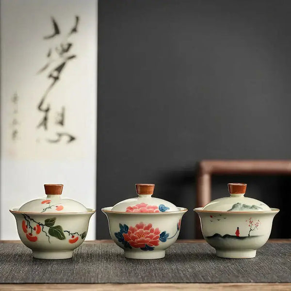 Grey glaze hand painted covered bowl kung fu tea set Nexellus