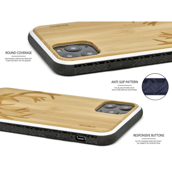 Iphone 11 pro wood case deer engraved bamboo backside