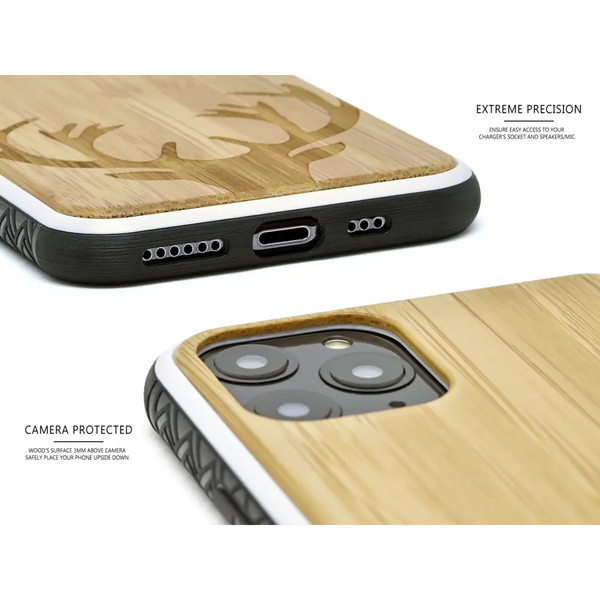 Iphone 11 pro wood case deer engraved bamboo backside