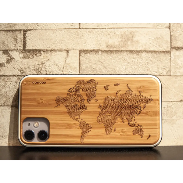 Iphone 11 pro wood case world map engraved bamboo backside