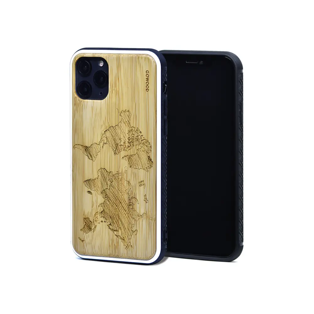 Iphone 11 pro wood case world map engraved bamboo backside