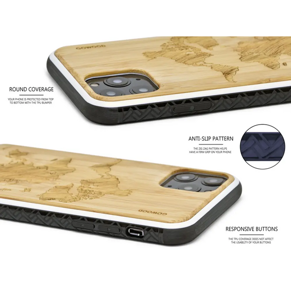 Iphone 11 pro wood case world map engraved bamboo backside