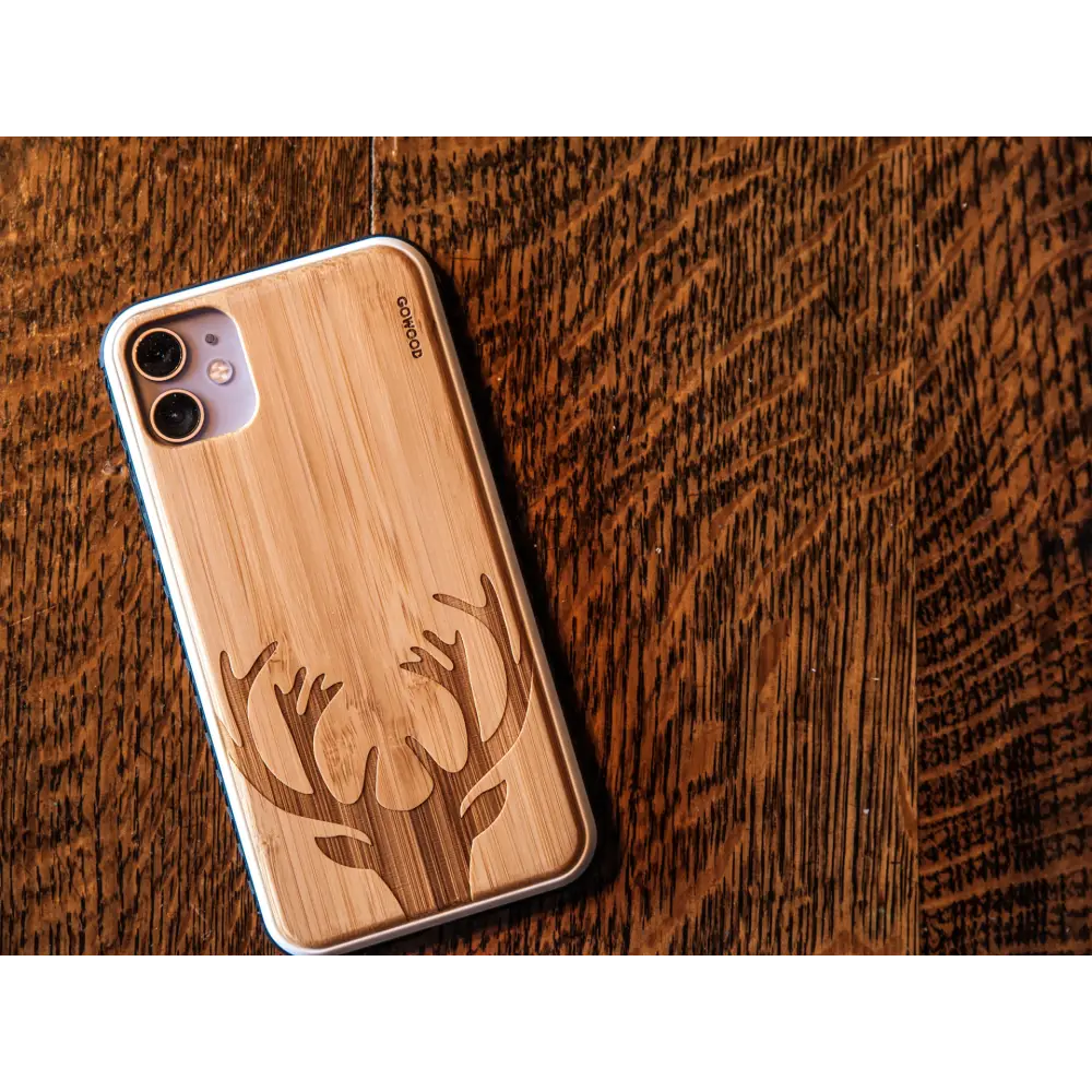 Iphone 11 wood case deer engraved bamboo backside with tpu