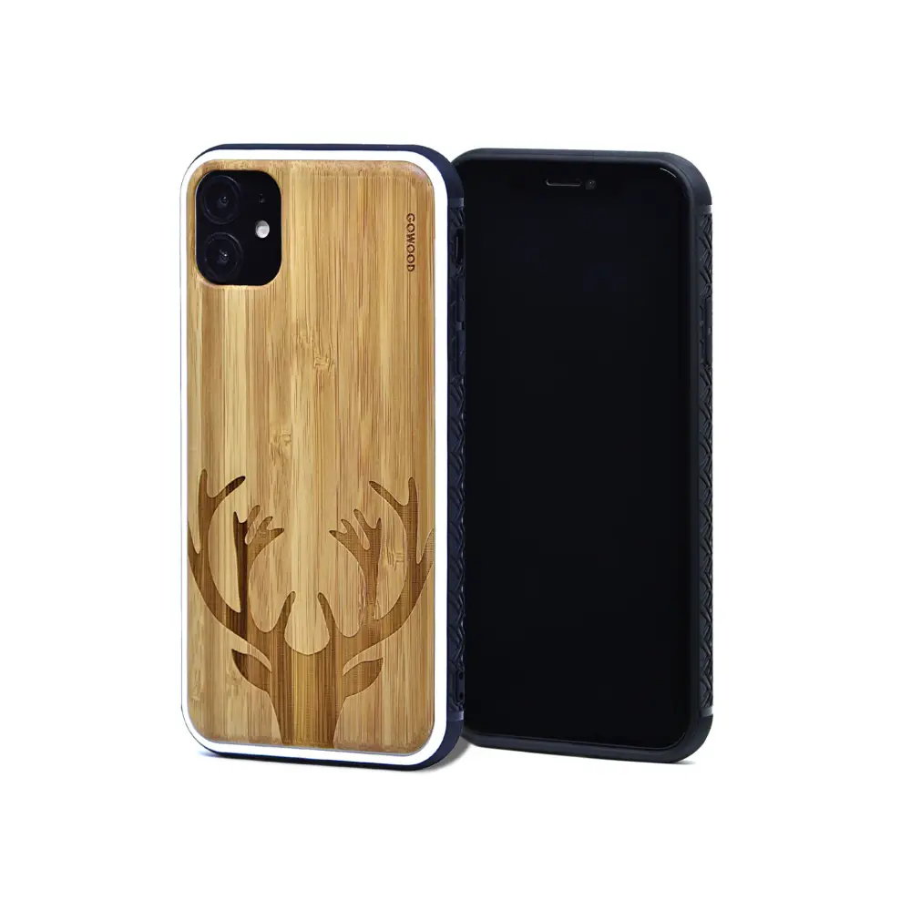 Iphone 11 wood case deer engraved bamboo backside with tpu