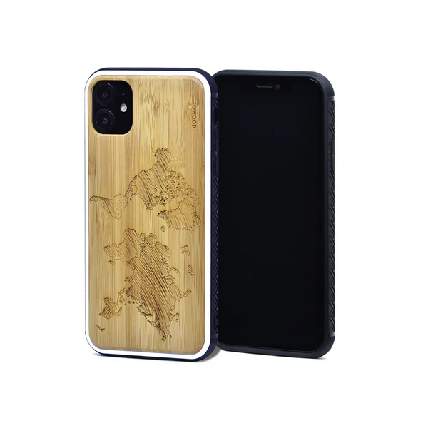 Iphone 11 wood case world map engraved bamboo backside