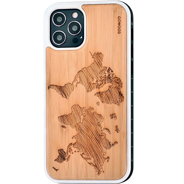 Iphone 12 and iphone 12 pro wood case world map engraved