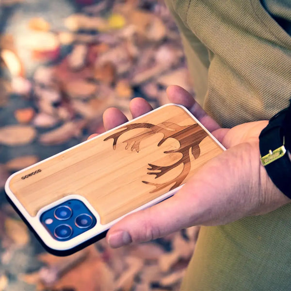 Iphone 12 mini wood case deer engraved bamboo backside