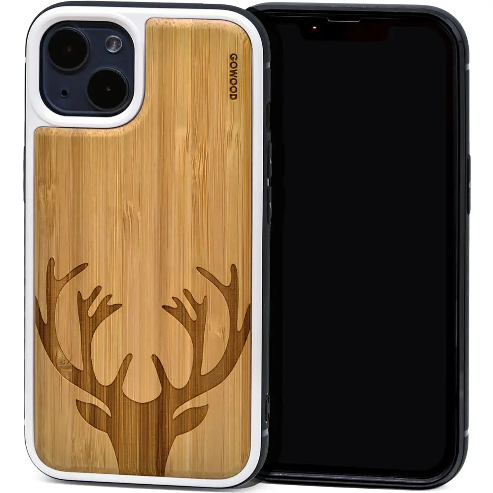 Iphone 13 bamboo wood case deer engraved backside with tpu