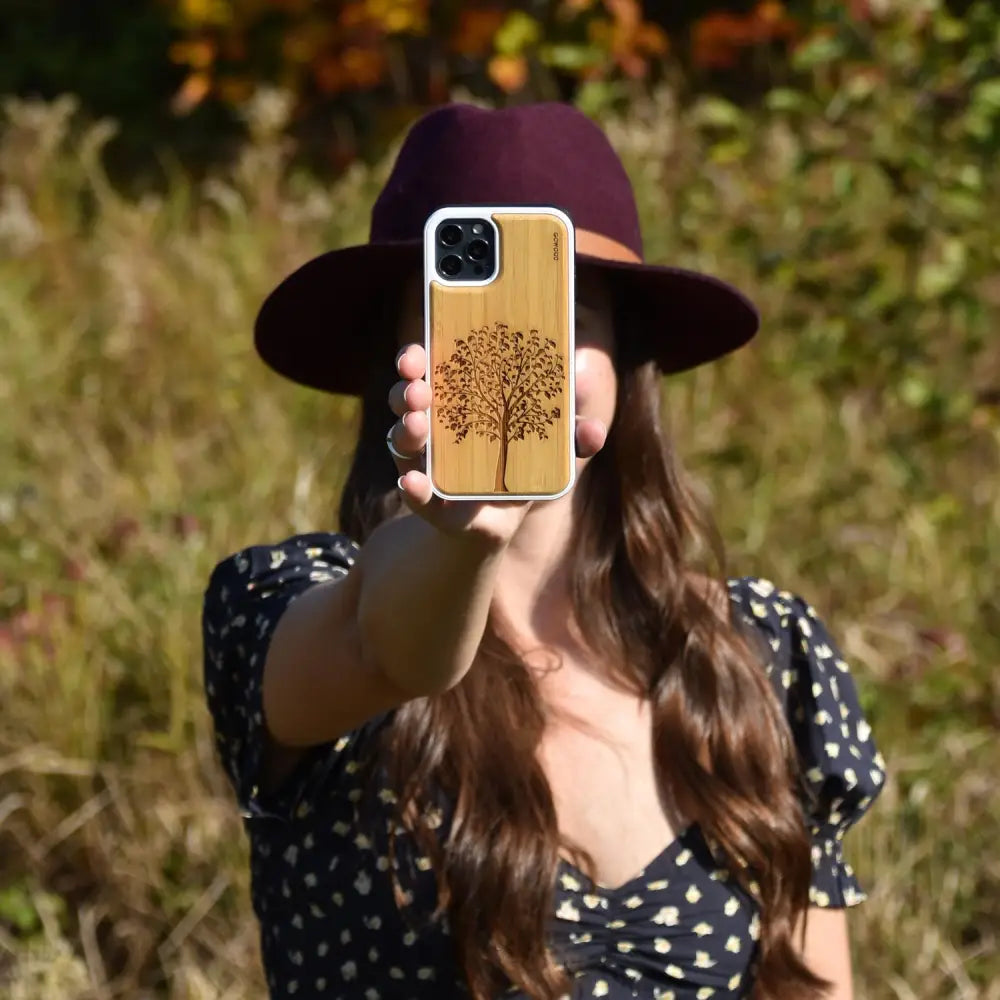 Iphone 13 mini bamboo wood case tree engraved backside