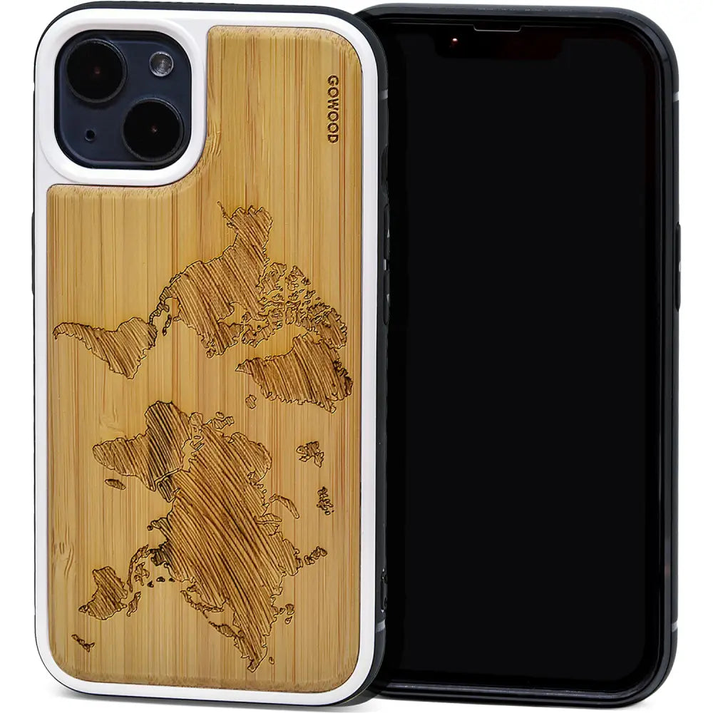 Iphone 13 mini bamboo wood case world map engraved backside