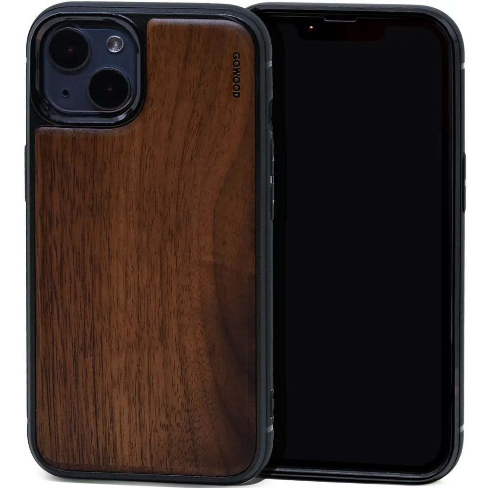 Iphone 13 mini walnut wood case with tpu bumper and black pc