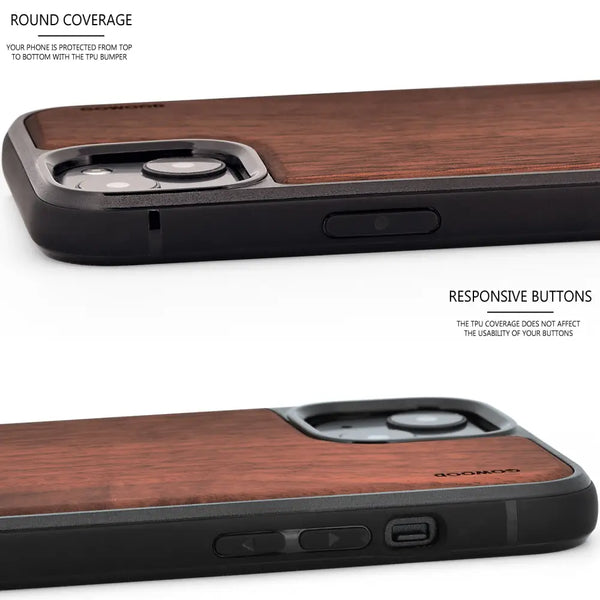 Iphone 13 mini walnut wood case with tpu bumper and black pc