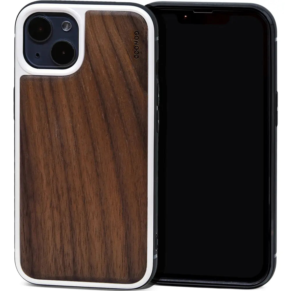 Iphone 13 mini walnut wood case with tpu bumper and white pc