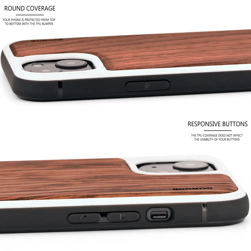 Iphone 13 mini walnut wood case with tpu bumper and white pc