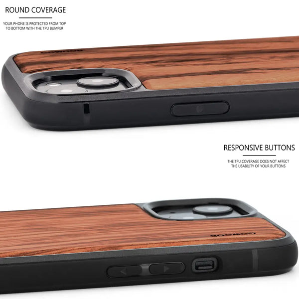 Iphone 13 mini zebra wood case with tpu bumper and black pc