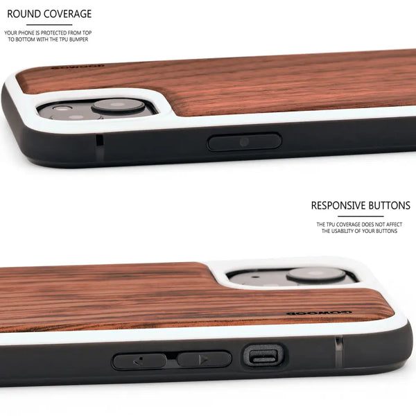 Iphone 13 walnut wood case with tpu bumper and white pc