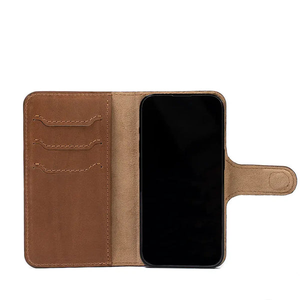 Iphone 14 series full-grain leather folio case wallet