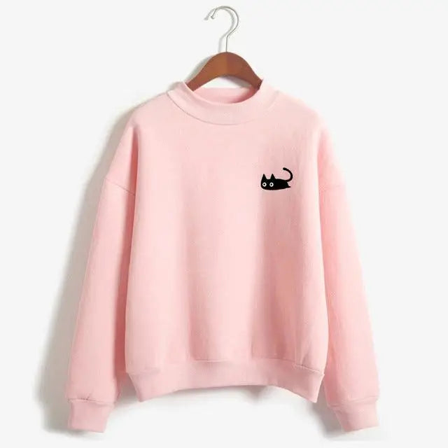 Kawaii Black Cat Sweatshirt Women's Long Sleeve Turtleneck Tops with Funny Cartoon Hoodie Nexellus