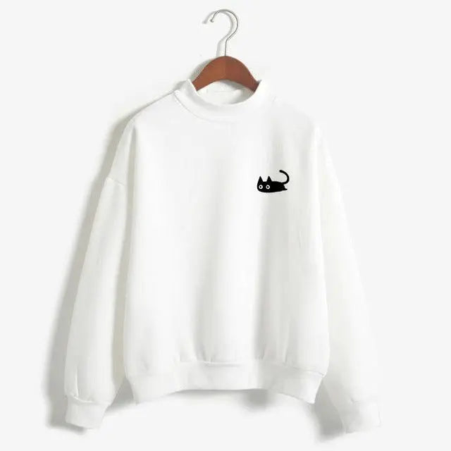 Kawaii Black Cat Sweatshirt Women's Long Sleeve Turtleneck Tops with Funny Cartoon Hoodie Nexellus