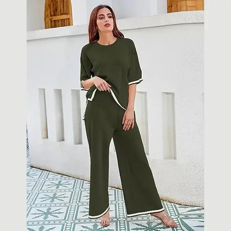 Knitted suit sweater suit short sleeve pullover wide leg pants Nexellus