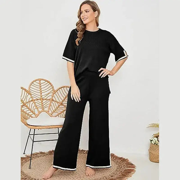 Knitted suit sweater suit short sleeve pullover wide leg pants Nexellus