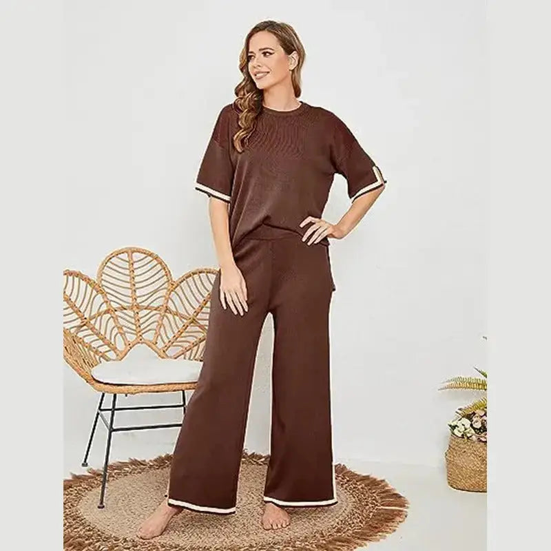 Knitted suit sweater suit short sleeve pullover wide leg pants Nexellus