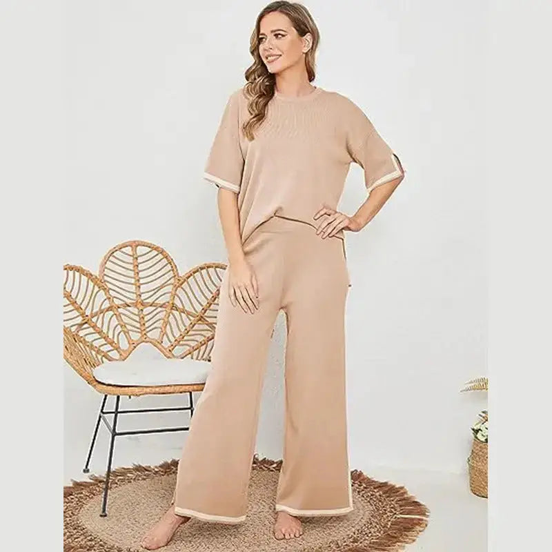 Knitted suit sweater suit short sleeve pullover wide leg pants Nexellus