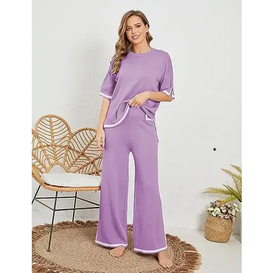 Knitted suit sweater suit short sleeve pullover wide leg pants Nexellus