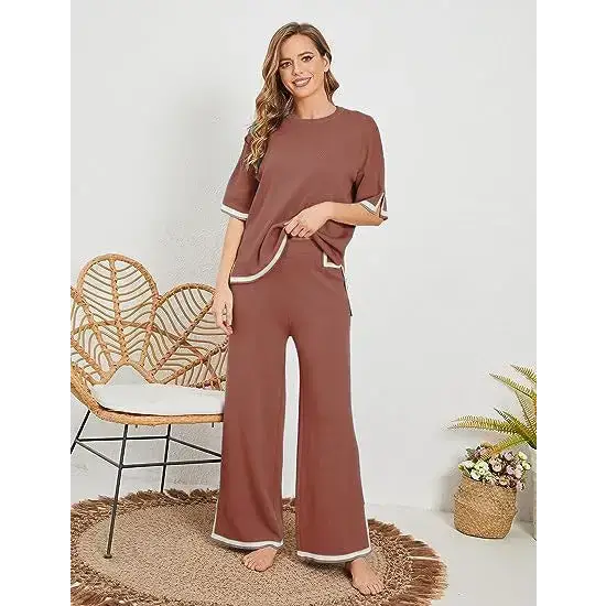 Knitted suit sweater suit short sleeve pullover wide leg pants Nexellus