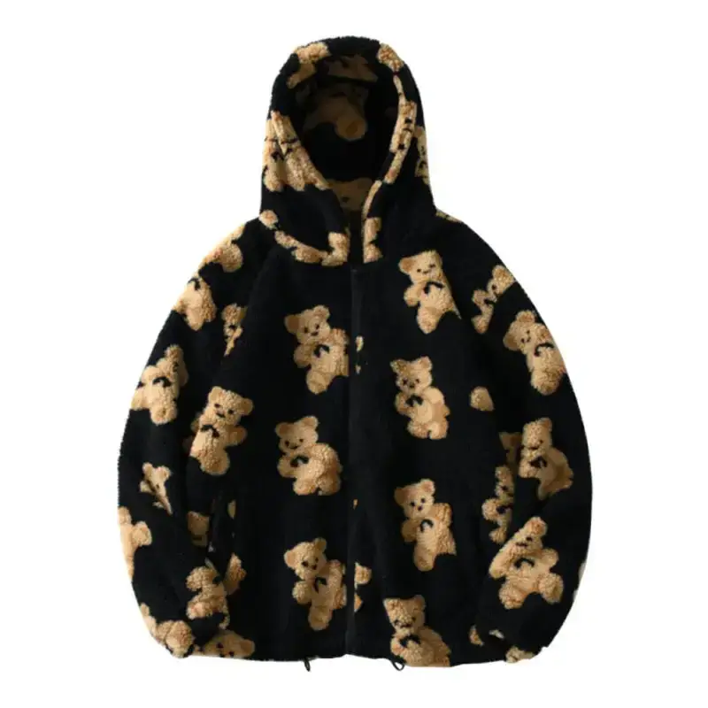 Ladies hooded thick casual cartoon pattern bear zipper pocket plush Nexellus