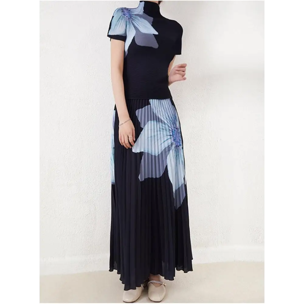 Ladies Short Sleeve Sweater Quality Printed Half Collar T-Shirt pleated midi skirt Two Piece Set Nexellus