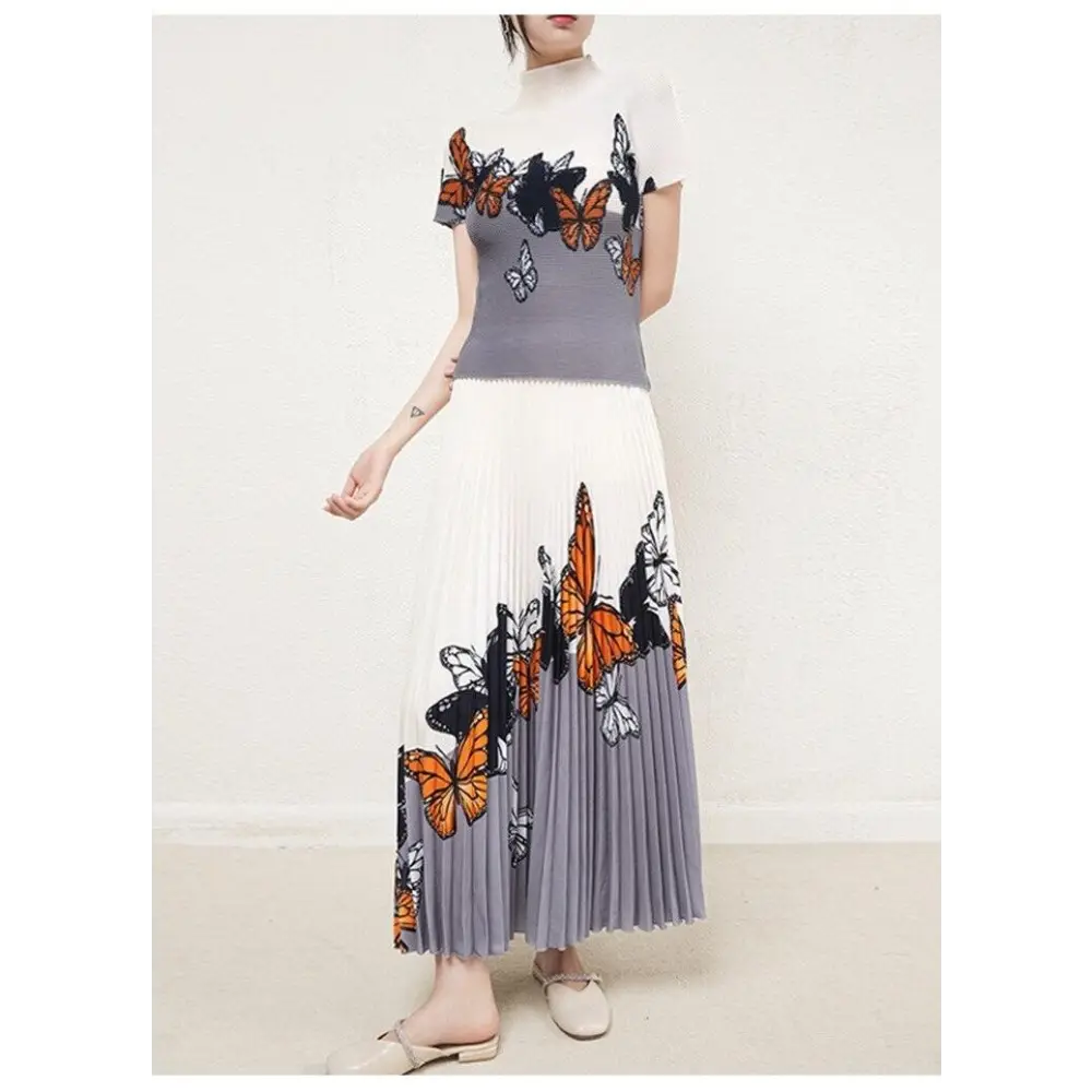 Ladies Top Quality Printed Half Collar Short Sleeve Sweater, with Pleated Midi Skirt - 2 Piece Set Nexellus