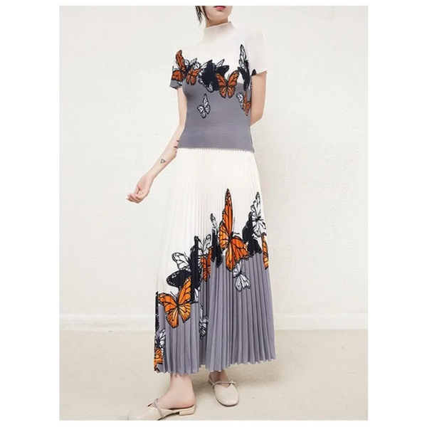 Ladies Top Quality Printed Half Collar Short Sleeve Sweater, with Pleated Midi Skirt - 2 Piece Set Nexellus