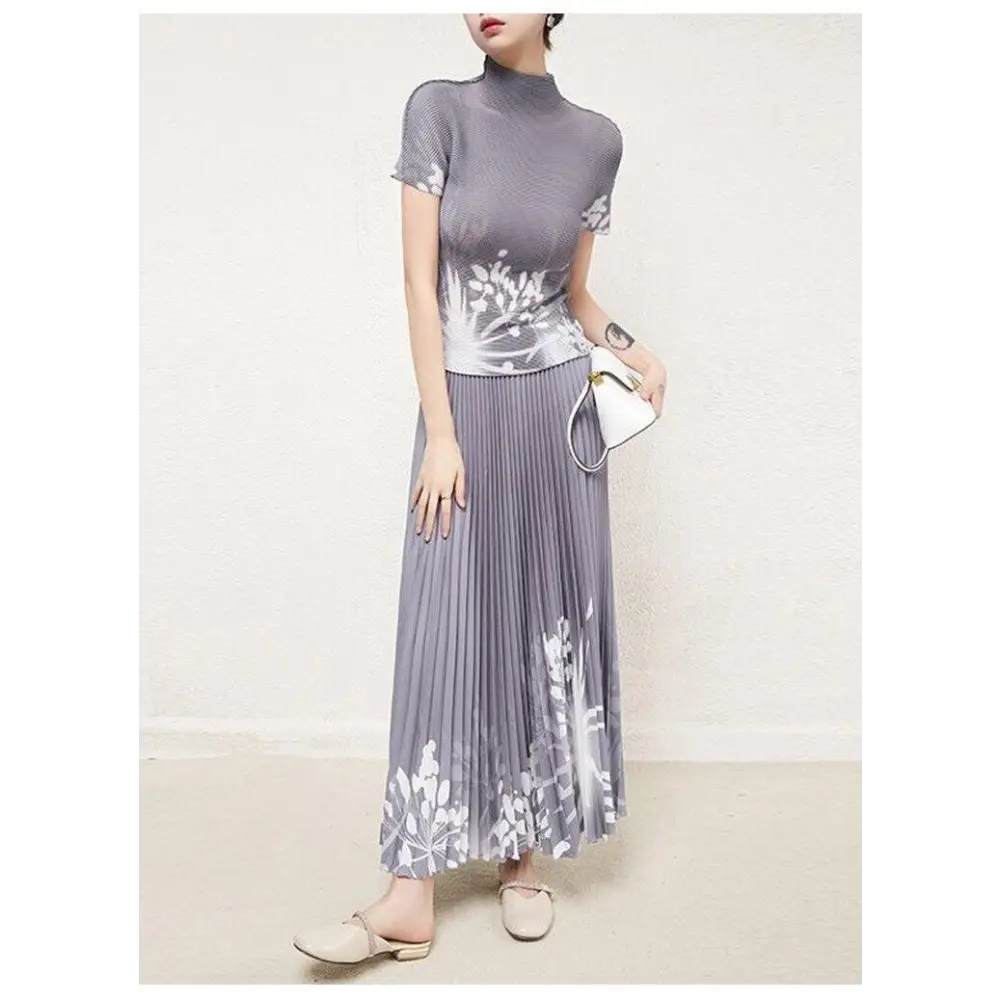 Ladies Top Quality Printed Half Collar Short Sleeve Sweater, with Pleated Midi Skirt - 2 Piece Set Nexellus