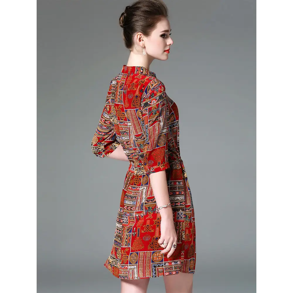 Ladies Vintage Print Stitching Slim Shirt Dress Nexellus