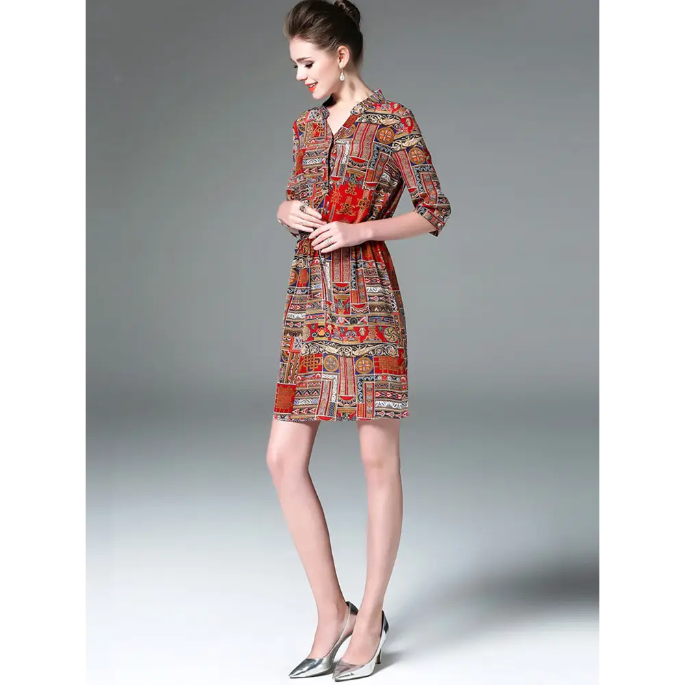 Ladies Vintage Print Stitching Slim Shirt Dress Nexellus