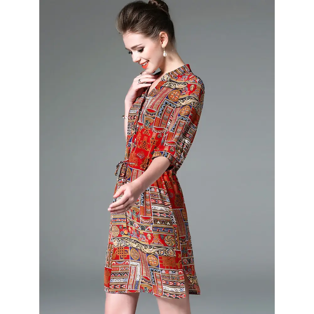 Ladies Vintage Print Stitching Slim Shirt Dress Nexellus