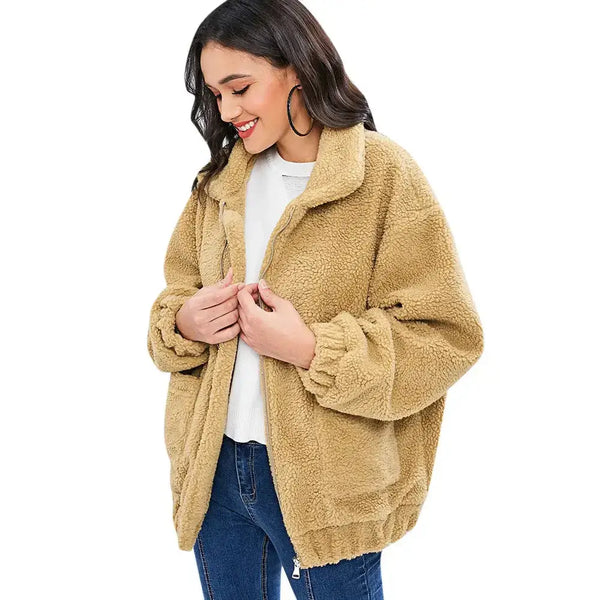 Langstar women lamb wool fluffy loose coat fashionable warm soft Nexellus