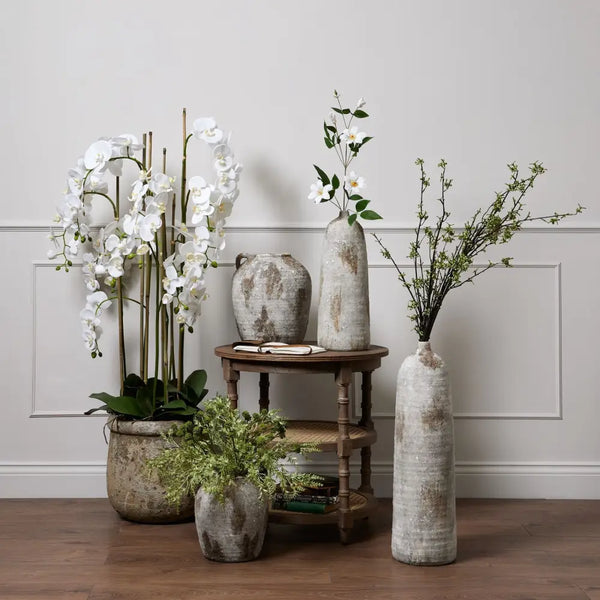 Large white orchid in antique stone pot - All Artificial