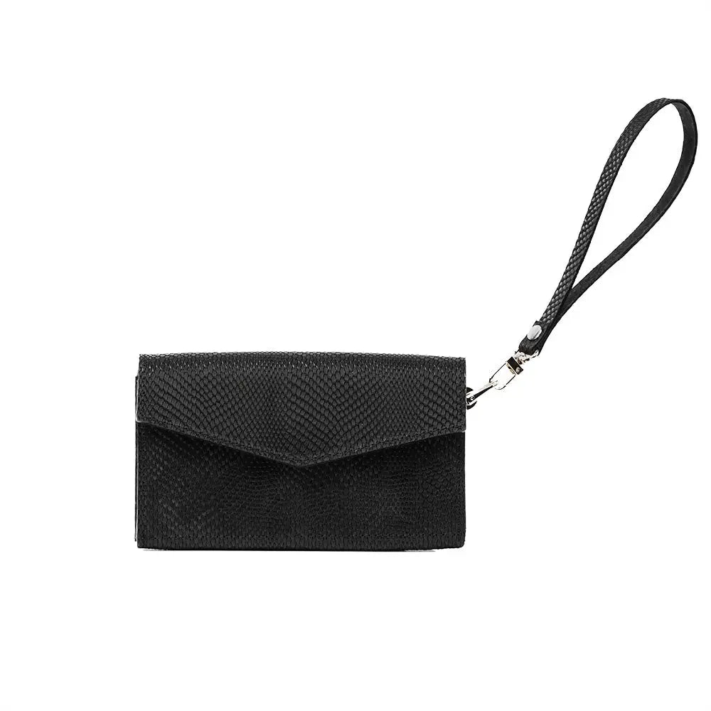 Leather airtag long flap wallet - Black Snake Print