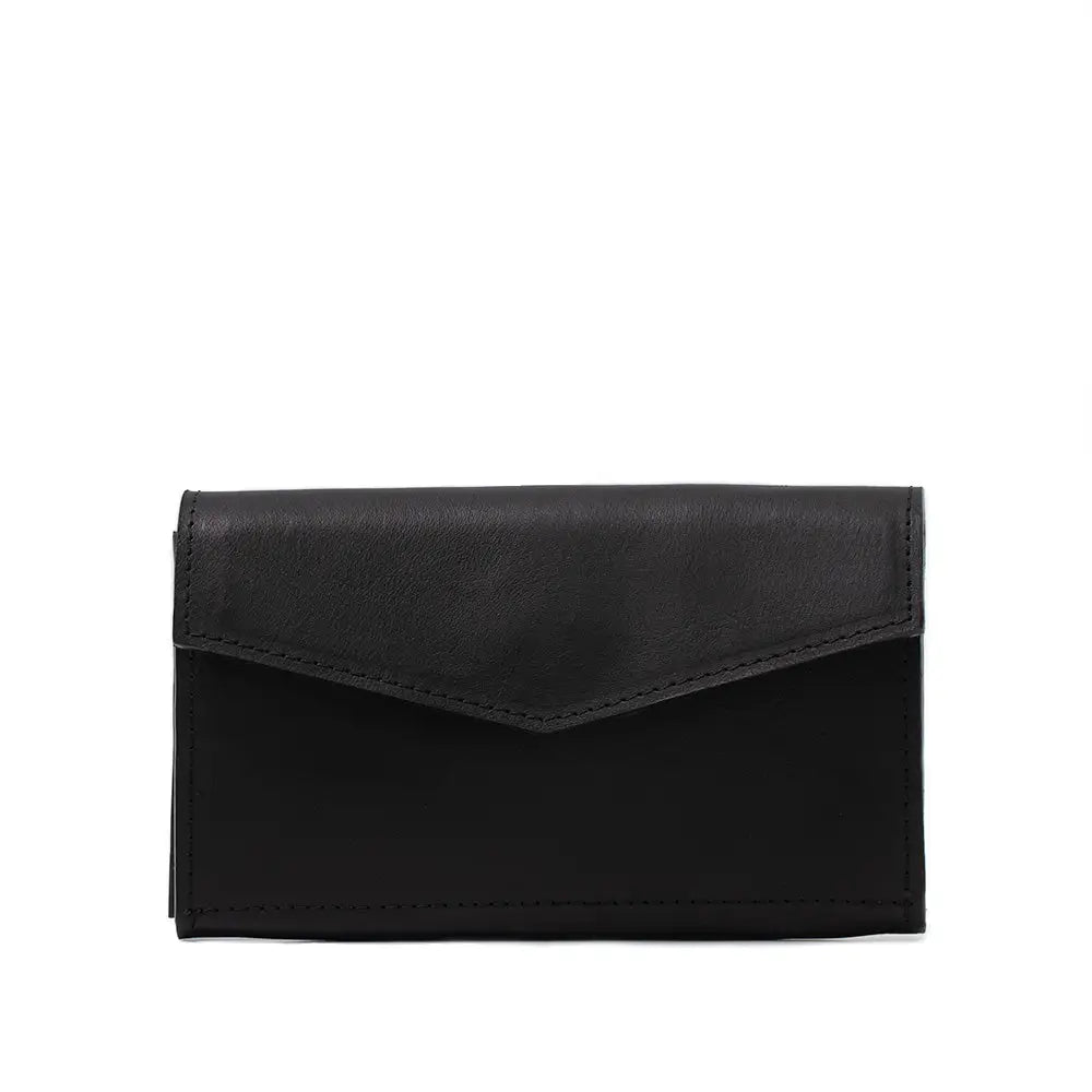 Leather airtag long flap wallet - Black / With Strap