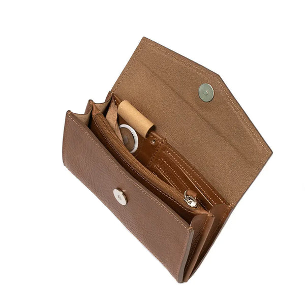 Leather airtag long flap wallet - Brown / With Strap