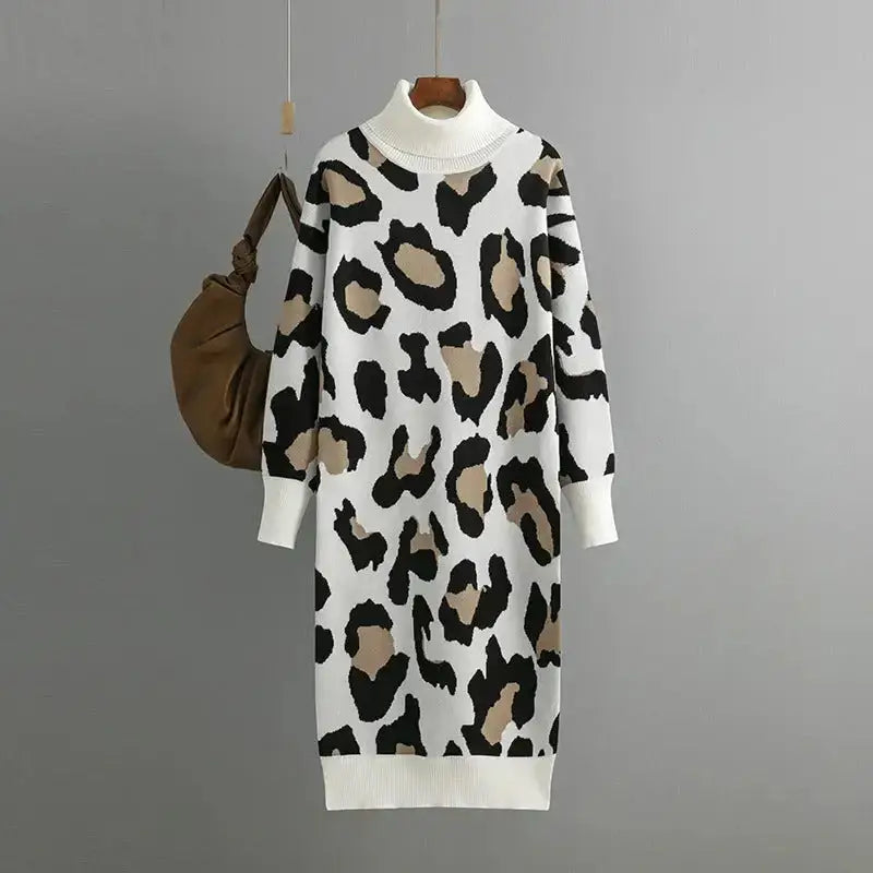 Leopard jacquard thick autumn winter straight sweaters dress Nexellus