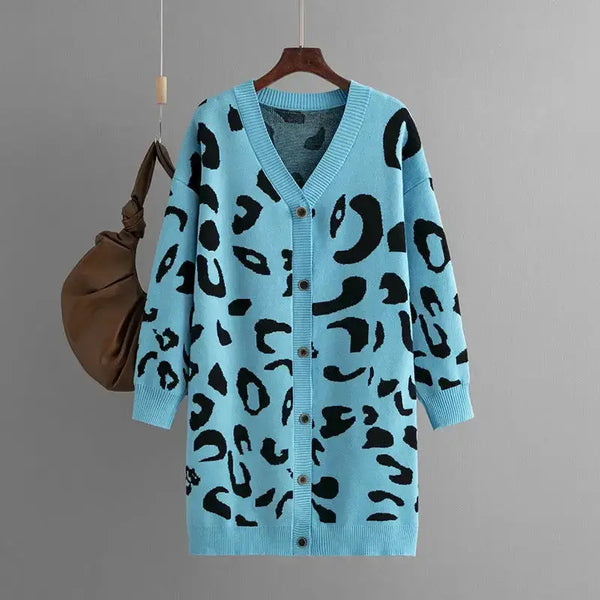 Leopard knitted women cardigan long sleeve v neck buttons loose Nexellus