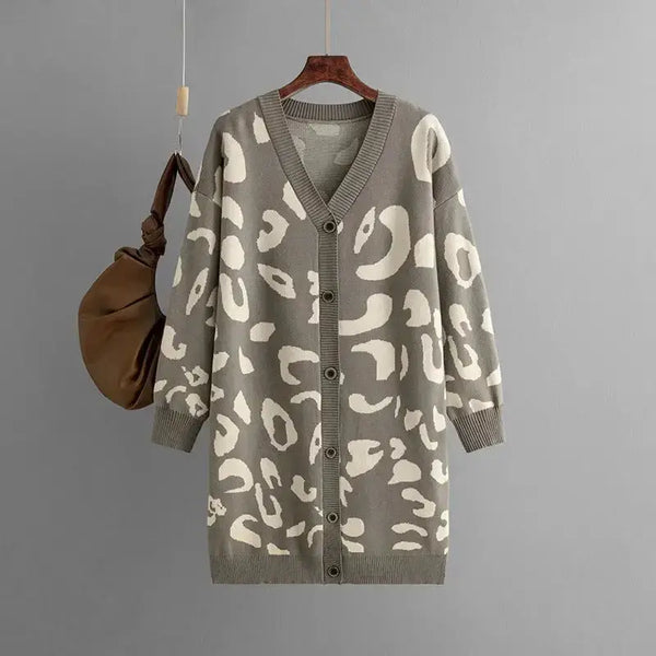 Leopard knitted women cardigan long sleeve v neck buttons loose Nexellus