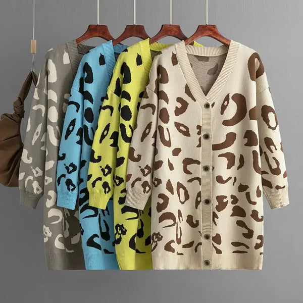 Leopard knitted women cardigan long sleeve v neck buttons loose Nexellus