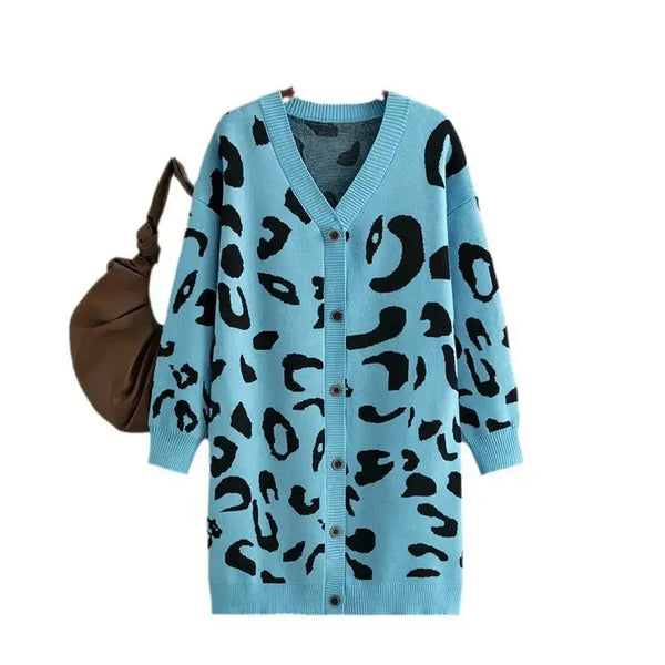 Leopard knitted women cardigan long sleeve v neck buttons loose Nexellus