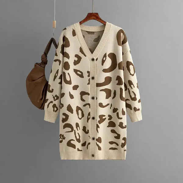 Leopard knitted women cardigan long sleeve v neck buttons loose Nexellus