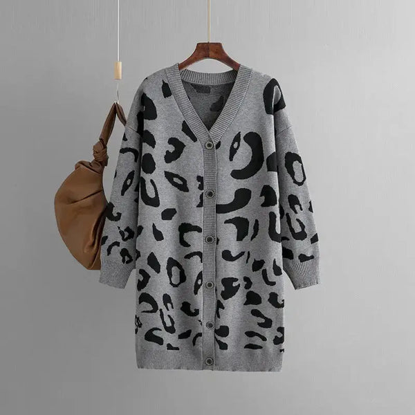 Leopard knitted women cardigan long sleeve v neck buttons loose Nexellus