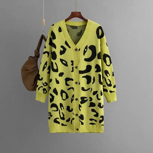 Leopard knitted women cardigan long sleeve v neck buttons loose Nexellus